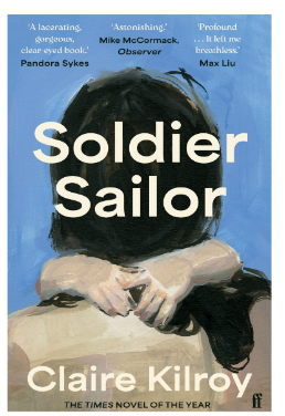 Book cover of Soldier Sailor by Clair Kinroy. The back of a woman's shoulders and head are positioned against a blue background, with a baby's arms around her neck. The image is painted in watercolours.